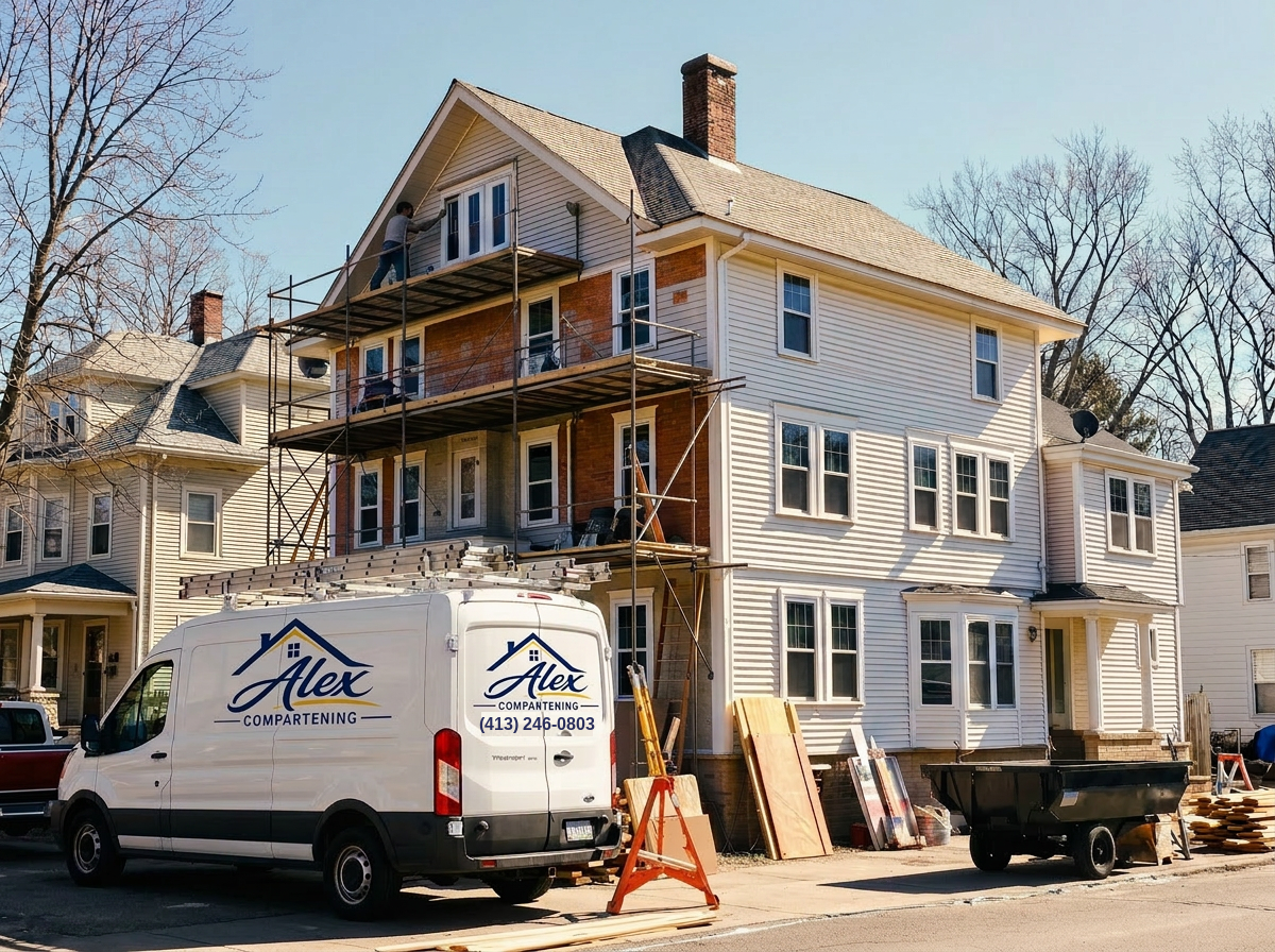 Alex Carpentry van on-site at a Western MA home renovation